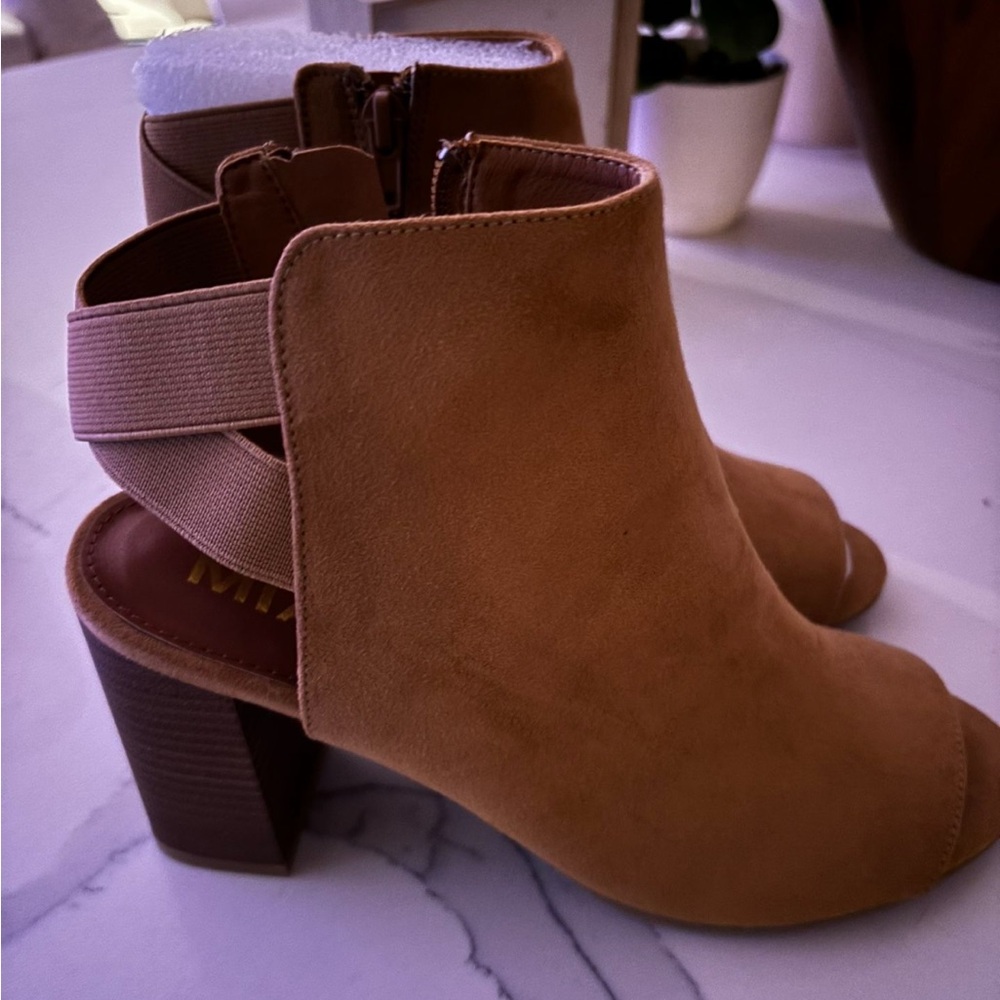 Tan Peep-Toe Block Heel Ankle Boots